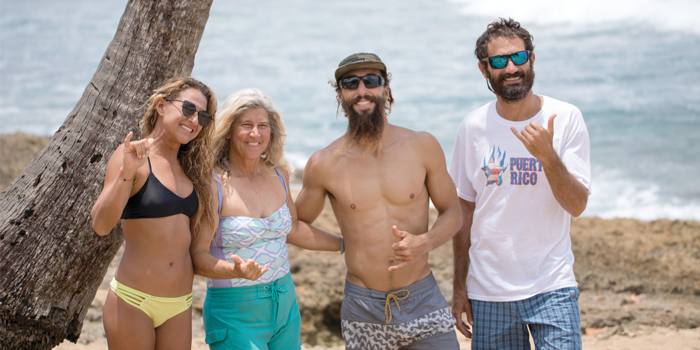 Local surfers and activists from left to right Lilac Alvarado Kathy Valentine Hall Giovanni Ricci and Javier Fernandez discuss their own insights on ecological preservation of Playuela and Borinquen