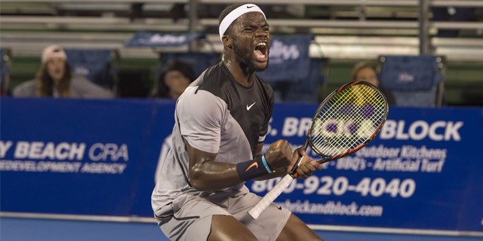 February 22, 2018: Frances Tiafoe, from USA, plays a backhand against Juan  Martin del Potro, from Argentina, during the 2018 Delray Beach Open ATP  professional tennis tournament, played at the Delray Beach